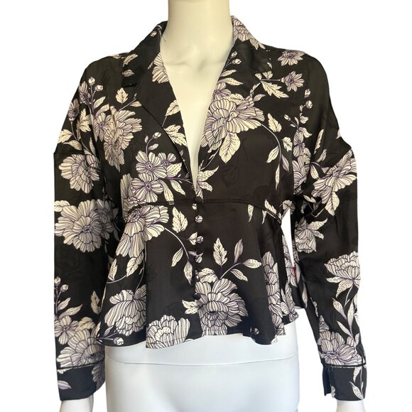 Intimately Free People Blouse Womens S Black Floral Peplum Button Detail - Picture 1 of 5